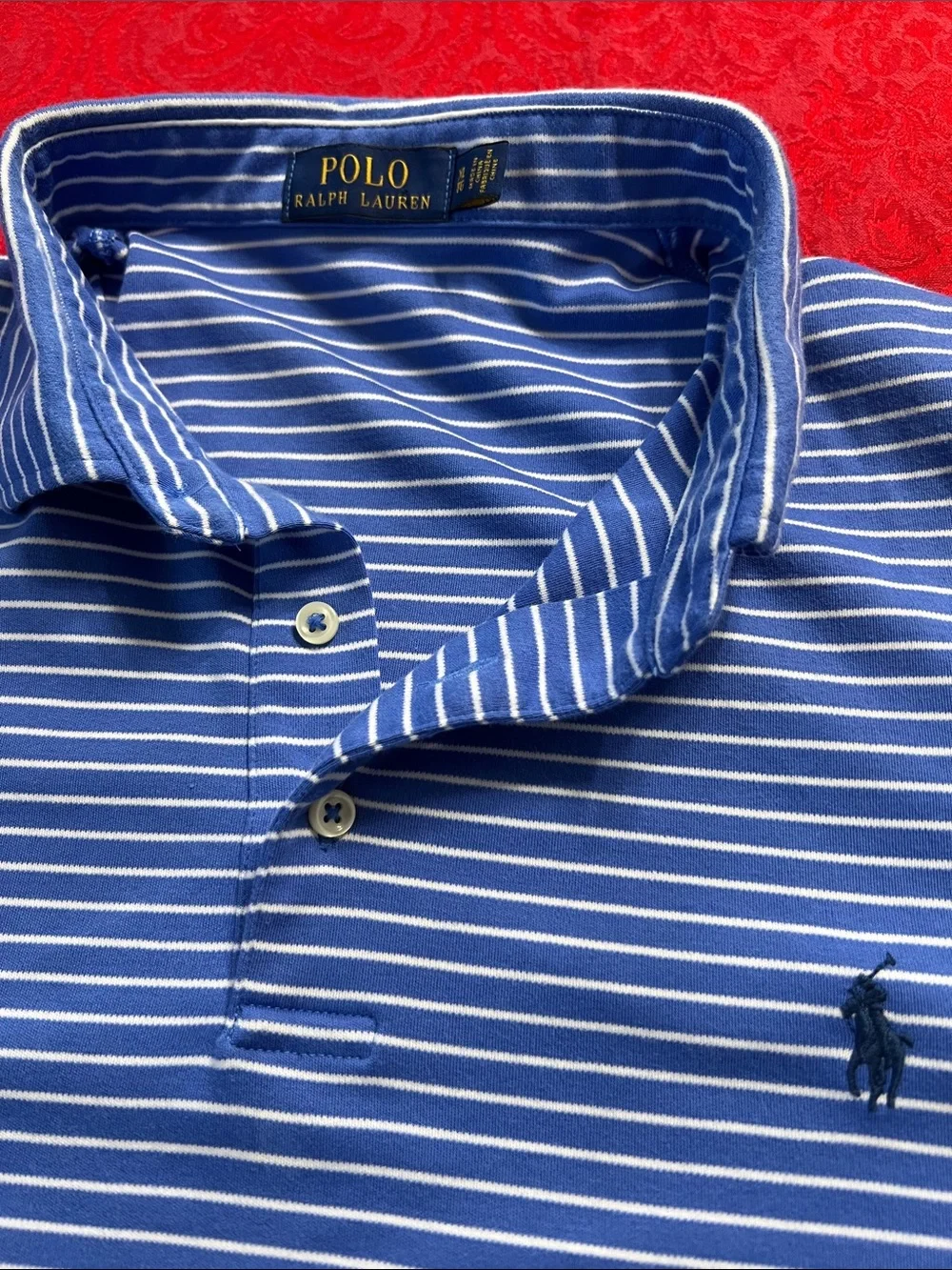 Polo Ralph Lauren Blue White Striped Polo Shirt Men's XL Cotton Short Sleeve
